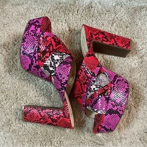 Jessica Simpson Cylie Platform Red Pink Snakeskin Print Block Sandal Heels